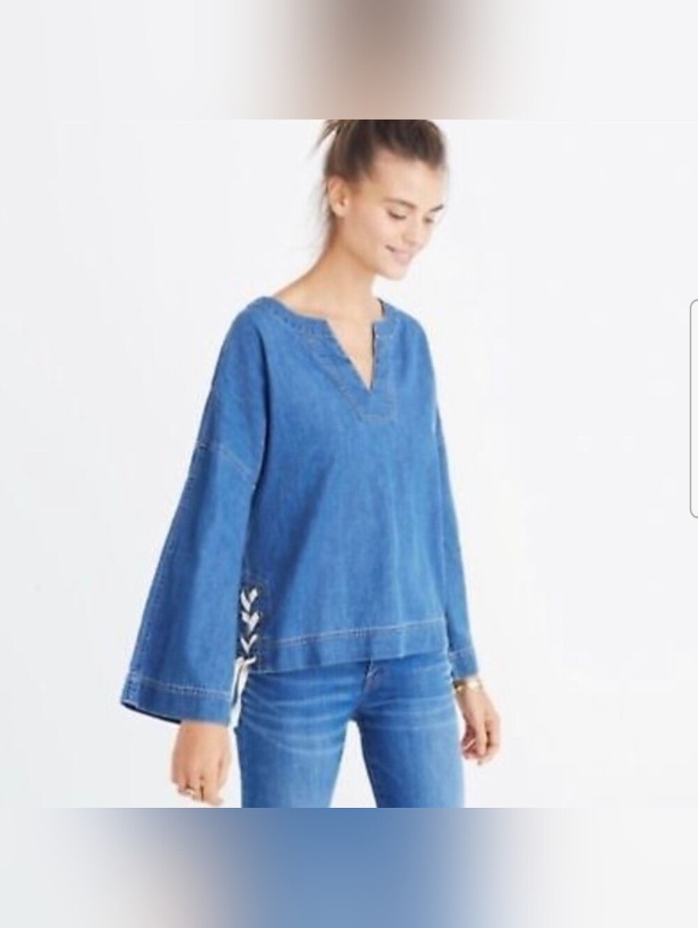 Madewell Blue Denim V-Neck Pullover with Side Lace-Up